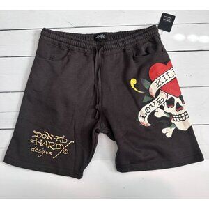 ED HARDY Love Kills Slowly Dagger Heart Skull Woven Shorts Olive Men’s L New